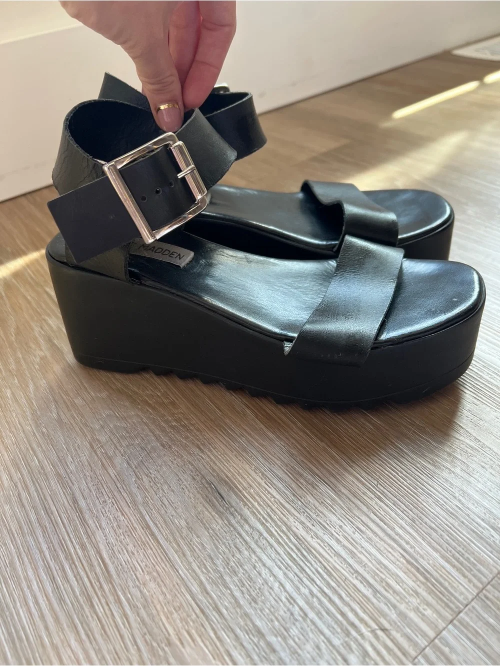 Steve Madden Black Platform Sandals with Silver Buckle